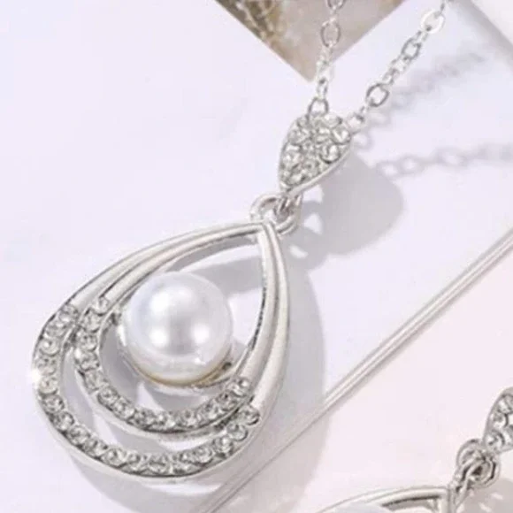 Pearl Necklace Teardrop Zirconia Rhinestone Drop Earrings Necklace Jewelry Sets - Picture 2 of 14